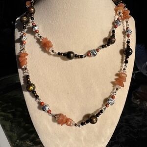 Boho Necklace Orange Chips Beads Statement Jewelry Long Necklace‎